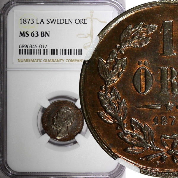 SWEDEN Oscar II (1872-1907) Bronze 1873 L.A. 1 Ore NGC MS63 BN KM# 728 (017)