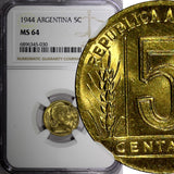 ARGENTINA Aluminum-Bronze 1944 5 Centavos NGC MS64 GEM BU COIN  KM# 40 (030)