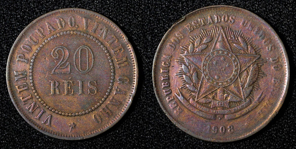BRAZIL Bronze 1908 20 Reis Rio de Janeiro Mint KM# 490 (27 659)