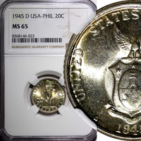Philippines Silver 1945 D 20 Centavos NGC MS65 Nice GEM BU  KM#182 (023)