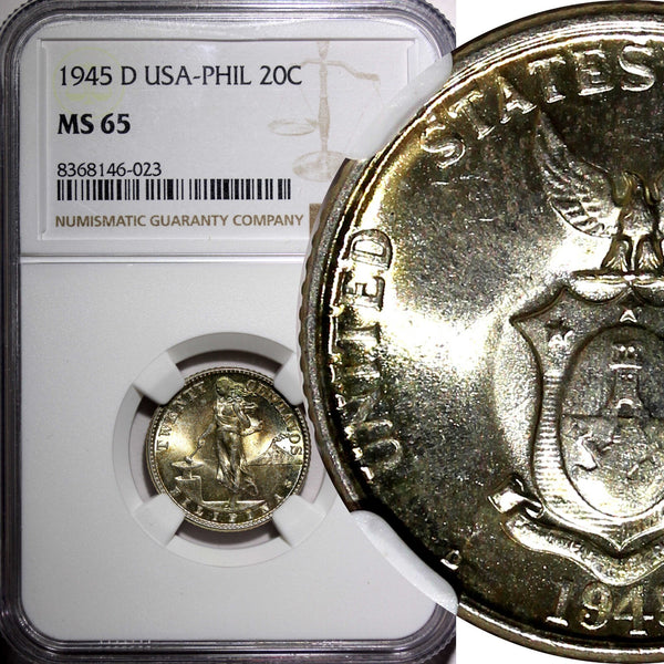 Philippines Silver 1945 D 20 Centavos NGC MS65 Nice GEM BU  KM#182 (023)