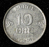 NORWAY Haakon VII Silver 1909 10 ORE 1st Year Type aUNC KM# 372 (30 093)