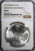 Norway Olav V Silver 1970 25 Kroner NGC MS66 Anniversary of Liberation KM#414(4)