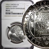 SWEDEN Silver 1932 G 2 Kronor NGC MS63 Death of Gustaf II Adolf BU KM# 805 (045)