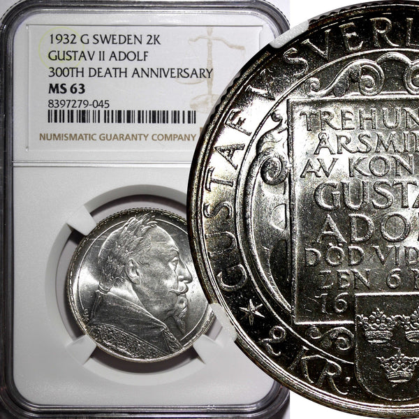 SWEDEN Silver 1932 G 2 Kronor NGC MS63 Death of Gustaf II Adolf BU KM# 805 (045)