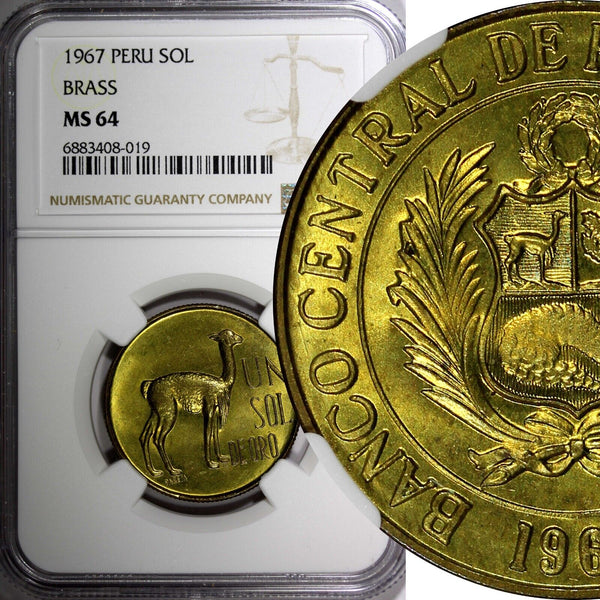 PERU Brass 1967 1 Sol NGC MS64 Llama GEM BU COIN 28 mm KM# 248 (019)