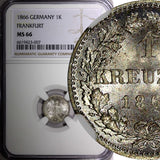 German States FRANKFURT AM MAIN Silver 1866 1 Kreuzer NGC MS66 GEM KM# 367 (007)