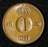 Sweden Gustaf VI Adolf Bronze 1961 U 1 Ore GEM BU Toned KM# 820 (30 225)