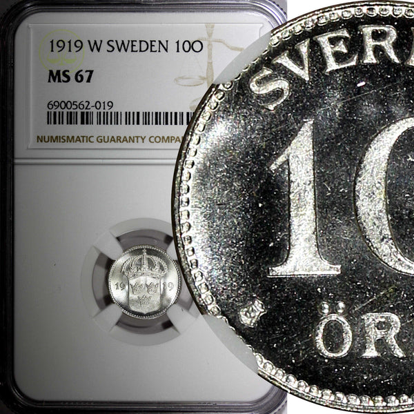 Sweden Gustaf V Silver 1919 W 10 Ore NGC MS67 GEM BU TOP GRADED KM# 780 (019)