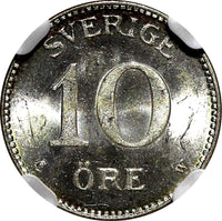 Sweden Gustaf V (1908-1950) Silver 1911 W 10 Ore NGC MS64 GEM BU KM# 780 (023)