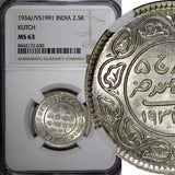 India-Princely States KUTCH Silver 1934 VS 1991 2 1/2 Kori NGC MS63 KM# 52a (30)