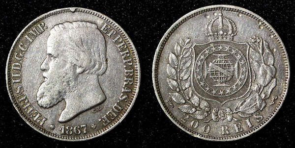 BRAZIL Pedro II Silver 1867  200 Reis 1st Year Type  KM# 471 (27 466)