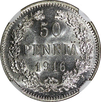 FINLAND Nicholas II Silver 1916 S 50 Penniä NGC MS64 GEM BU COIN KM# 2.2 (012)