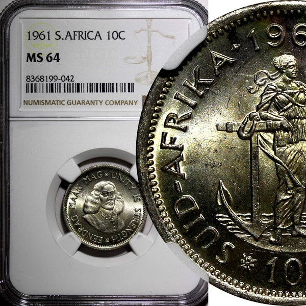 South Africa Silver Jan van Riebeeck 1961 10 Cents NGC MS64 1st Year KM# 60 (2)