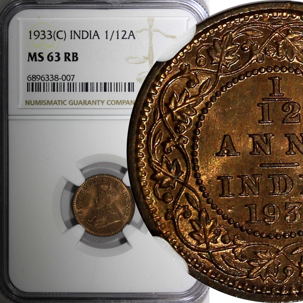 India-British George V Bronze 1933 (C) 1/12 Anna NGC MS63 RB KM# 509 (007)