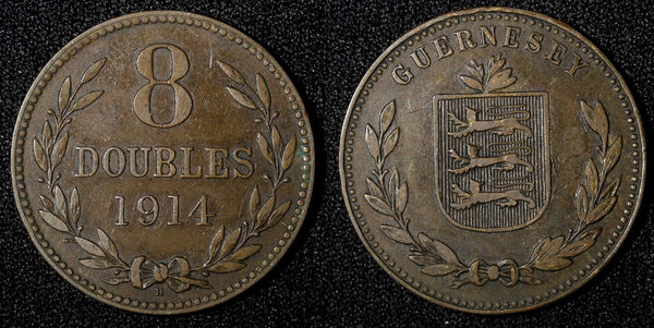 Guernsey Bronze 1914 H 8 Doubles Mintage-157,000 1st Year Type KM# 14 (28 234)