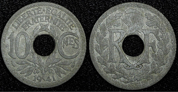 FRANCE  Zinc 1941 10 Centimes WWII Issue ch.XF KM# 897 (24 936)