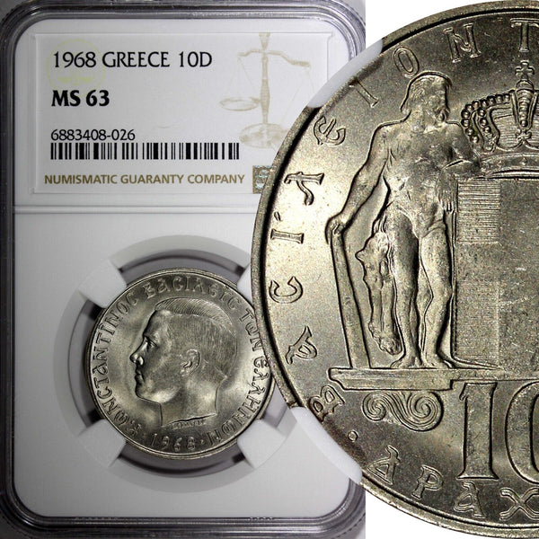 Greece Constantine II Copper-Nickel 1968 10 Drachmai NGC MS63 KM# 96 (026)