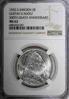 SWEDEN Silver 1932 G 2 Kronor NGC MS62 Death of Gustaf II Adolf BU KM# 805 (047)