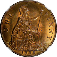 GREAT BRITAIN George V Bronze 1935 1 Penny NGC MS63 RB NICE TONING KM# 838 (03)