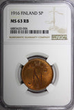 Finland Russian Tsar Nicolas II (1895-1917) 1916 5 Pennia NGC MS63 RB KM# 15 (6)