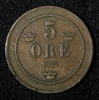 SWEDEN  Oscar II Bronze 1882 5 Öre Small Letters KM# 736 (27 685)