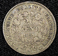 FRANCE Silver 1851 A  20 Centimes Paris Mint KM# 758.1 (24 695)