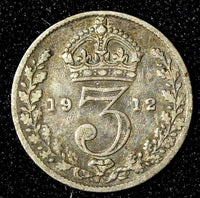 Great Britain George V Silver 1912 3 Pence  Maundy KM# 813 (28 327)