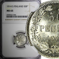 FINLAND Nicholas II Silver 1914 S 50 Penniä NGC MS65 GEM BU COIN KM# 2.2 (044)