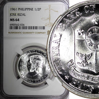 PHILIPPINES Silver 1961   1/2 Peso NGC MS64 Dr. Jose Rizal Toned KM# 191 (036)