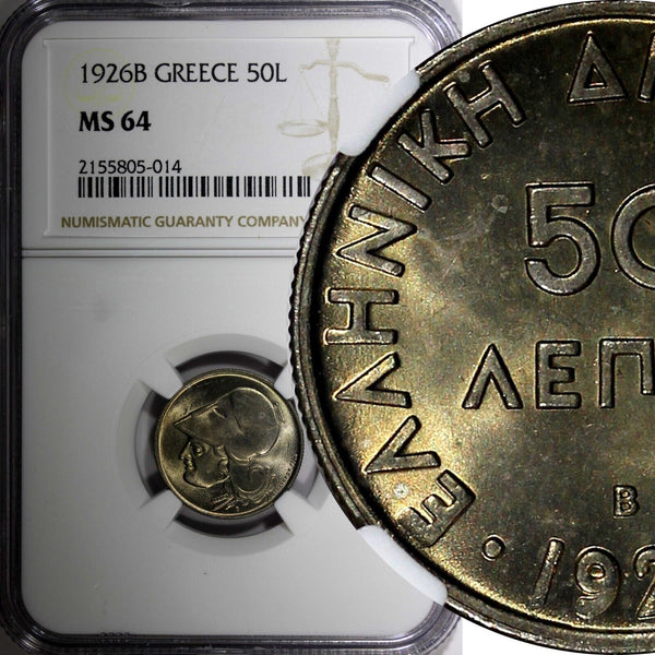 Greece Copper-Nickel 1926 B 50 Lepta Athena  Vienna Mint NGC MS64 KM# 68 (14)