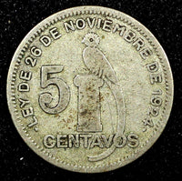 Guatemala Silver 1928 5 Centavos Royal Mint BETTER DATE KM# 238.2  (24 463)