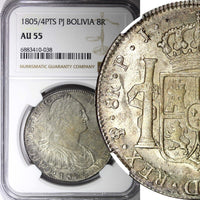 BOLIVIA Carlos IIII Silver 1805/4 PTS PJ 8 Reales NGC AU55 TOP GRADED KM# 73 (8)