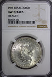 BRAZIL Silver 1907 2000 Reis NGC UNC DETAILS AR-0.900 33 mm KM# 508 (002)