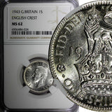 GREAT BRITAIN George VI Silver 1943 1 Shilling English Crest NGC MS62 KM#853 (4)