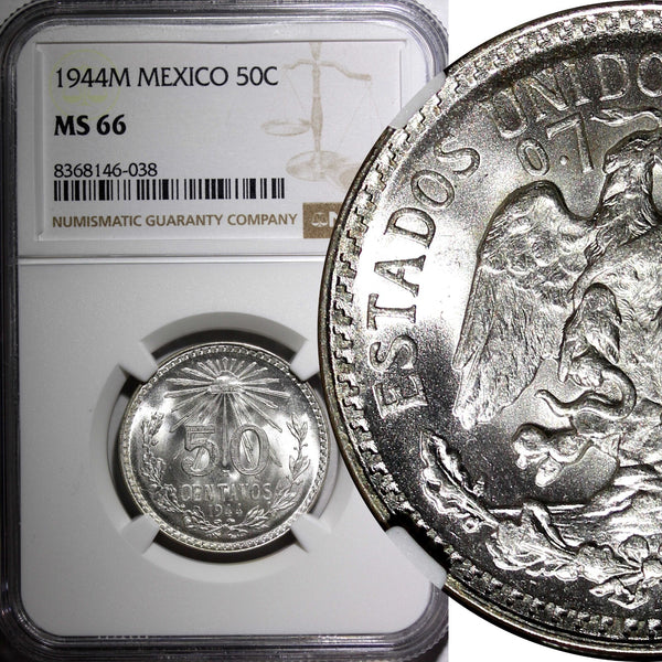 Mexico ESTADOS UNIDOS Silver 1944 M 50 Centavos NGC MS66 GEM BU KM# 447 (038)
