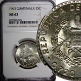 GUATEMALA Silver 1963 25 Centavos NGC MS63 GEM BU KM# 263 (026)