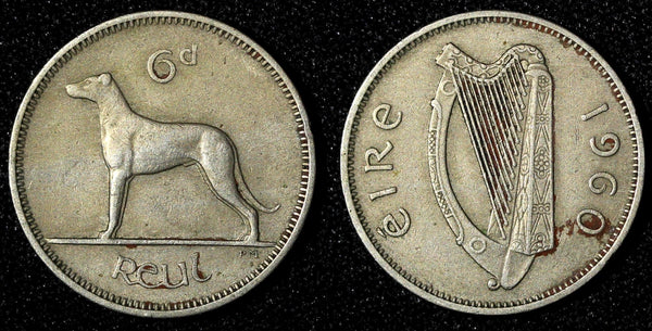 Ireland Copper-Nickel 1960 6 Pence Wolfhound KM# 13a (28 231)