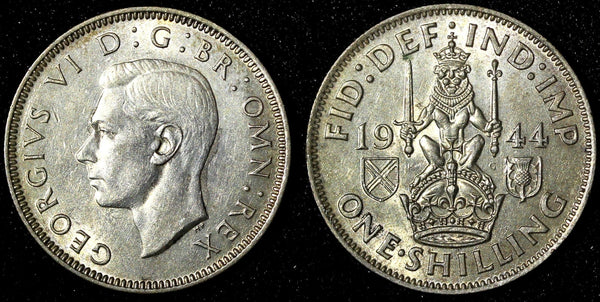 GREAT BRITAIN George VI Silver 1944 1 Shilling Scottish crest aUNC KM# 854 (170)