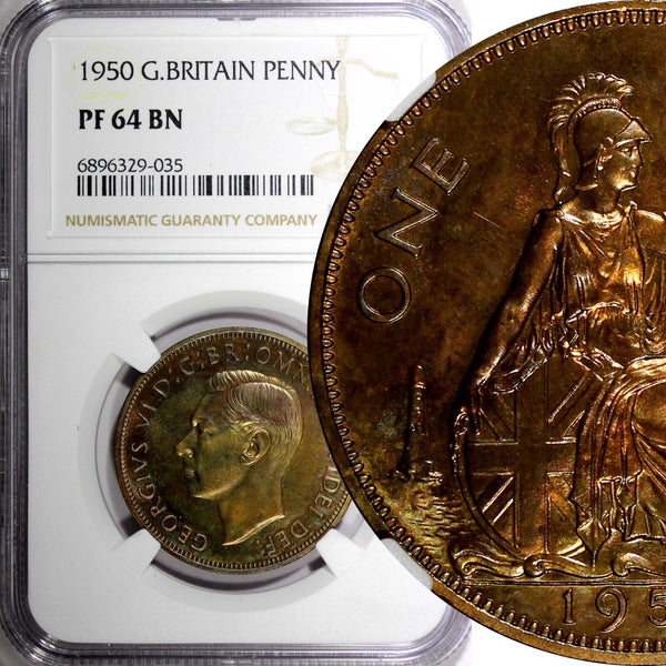 Great Britain George VI Bronze PROOF 1950 1 Penny NGC PF64 BN KM# 869 (035)