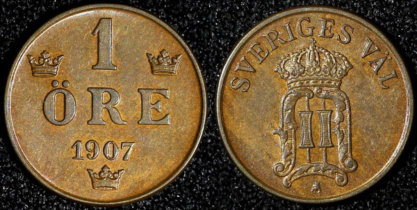 Sweden Oscar II Bronze 1907 1 Öre 2 Years Type aUNC- UNC KM# 768 (28 246)