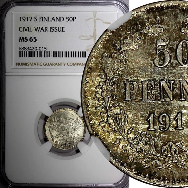 Finland Nicholas II Silver 1917 S 50 Penniä Civil War Issue NGC MS65 KM# 20 (15)