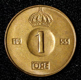Sweden Gustaf VI Adolf Bronze 1955 TS 1 Ore GEM BU Toned KM# 820 (30 210)