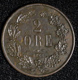 SWEDEN Carl XV Adolf Bronze 1861 2 Ore UNC Toned KM# 706 (28 571)