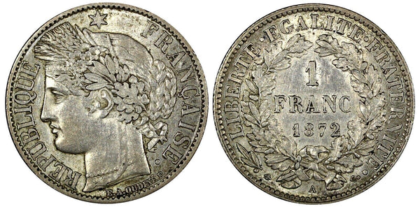 FRANCE Silver 1872 A 1 Franc Paris Mint KM# 822.1 (24 885)