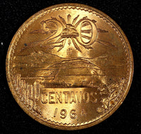 MEXICO  Bronze 1964 Mo 20 Centavos Red Toned GEM BU KM# 440 (27 372)
