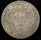 FRANCE Silver 1887 A 50 Centimes  Paris Mint  Toned  KM# 834.1  (25 522)