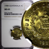 Guatemala Brass 1988 1 Centavo NGC MS65 GEM BU COIN KM# 275.3 (008)