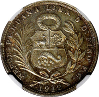 PERU Silver 1912 FG R 1/5 Sol NGC MS63 Mintage-300,000 Nice Toned KM# 205.2 (4)