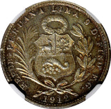 PERU Silver 1912 FG R 1/5 Sol NGC MS63 Mintage-300,000 Nice Toned KM# 205.2 (4)